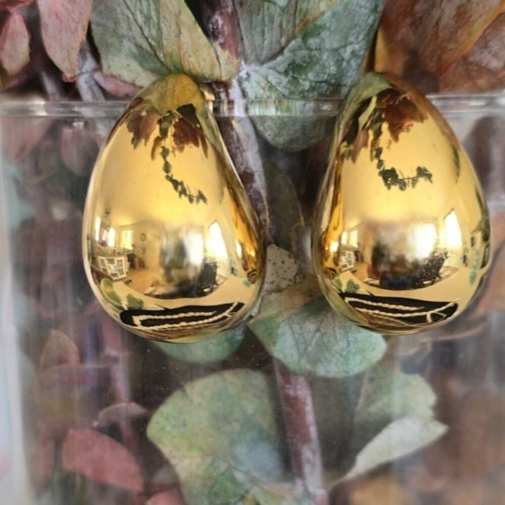 Chunky Puffy Gold Tone Stud Earrings Bold Statement Teardrop Dome